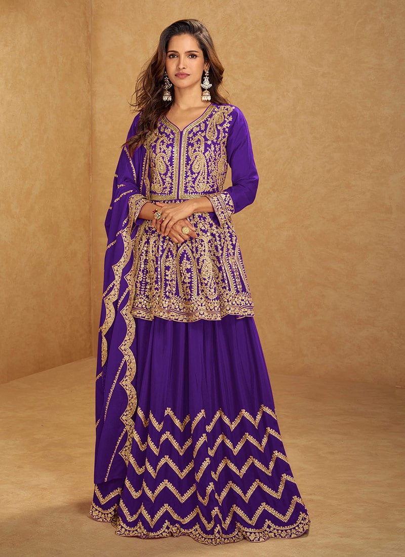 Purple Chinon Silk Zari Sequins Mirror Work Peplum Blouse With Long Choli Lehenga Wedding Wear