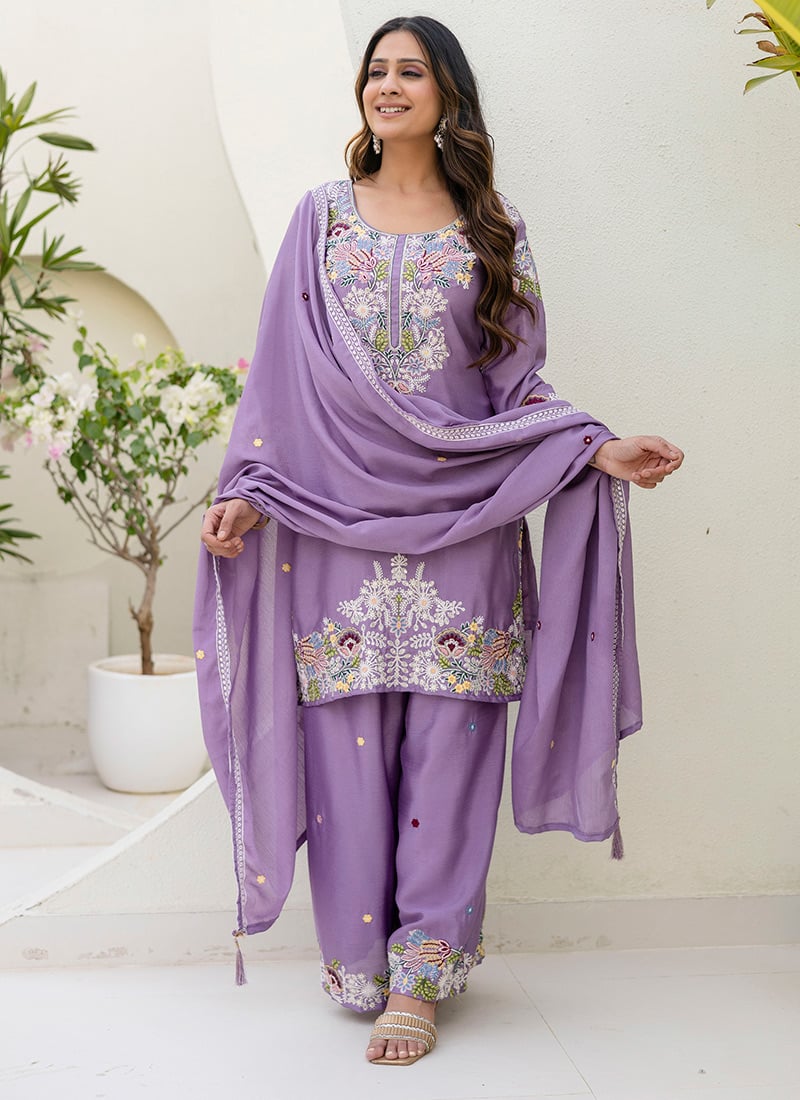 Purple Chinon Zardosi Hand Embroidered Palazzo Suit After Six Wear