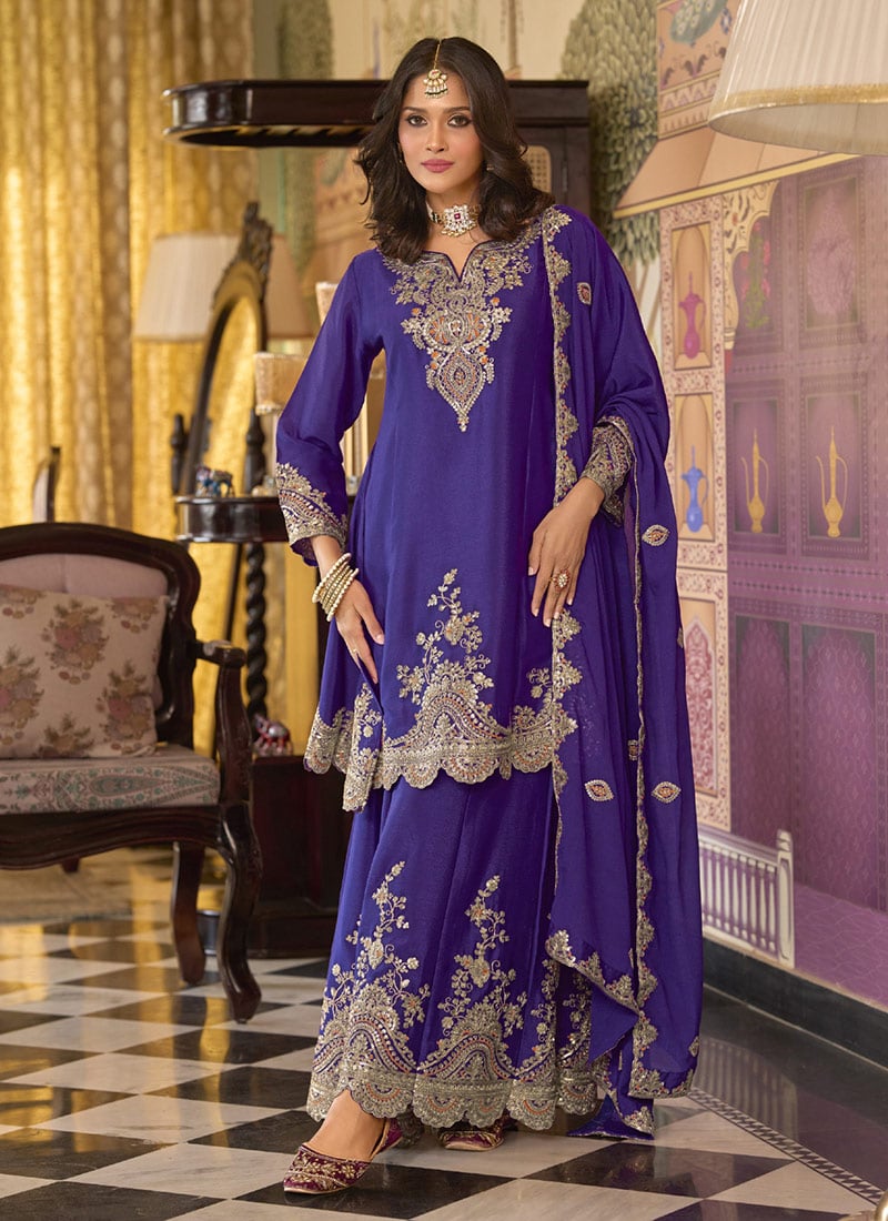 Purple Chinon Zari And Thread Embroidered Sequins Palazzo Suit Festive Wear