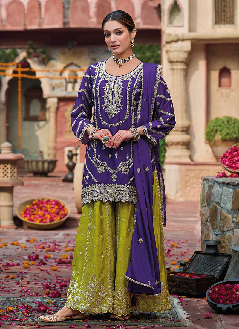 Purple Chinon Zari Embroidered Elegant Sequins Pakistani Palazzo Suit Festive Wear