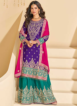 Purple Chinon Zari Embroidered Palazzo Suit