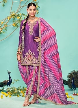 Purple Chinon Zari Embroidered Sequins Dhoti Salwar Suit