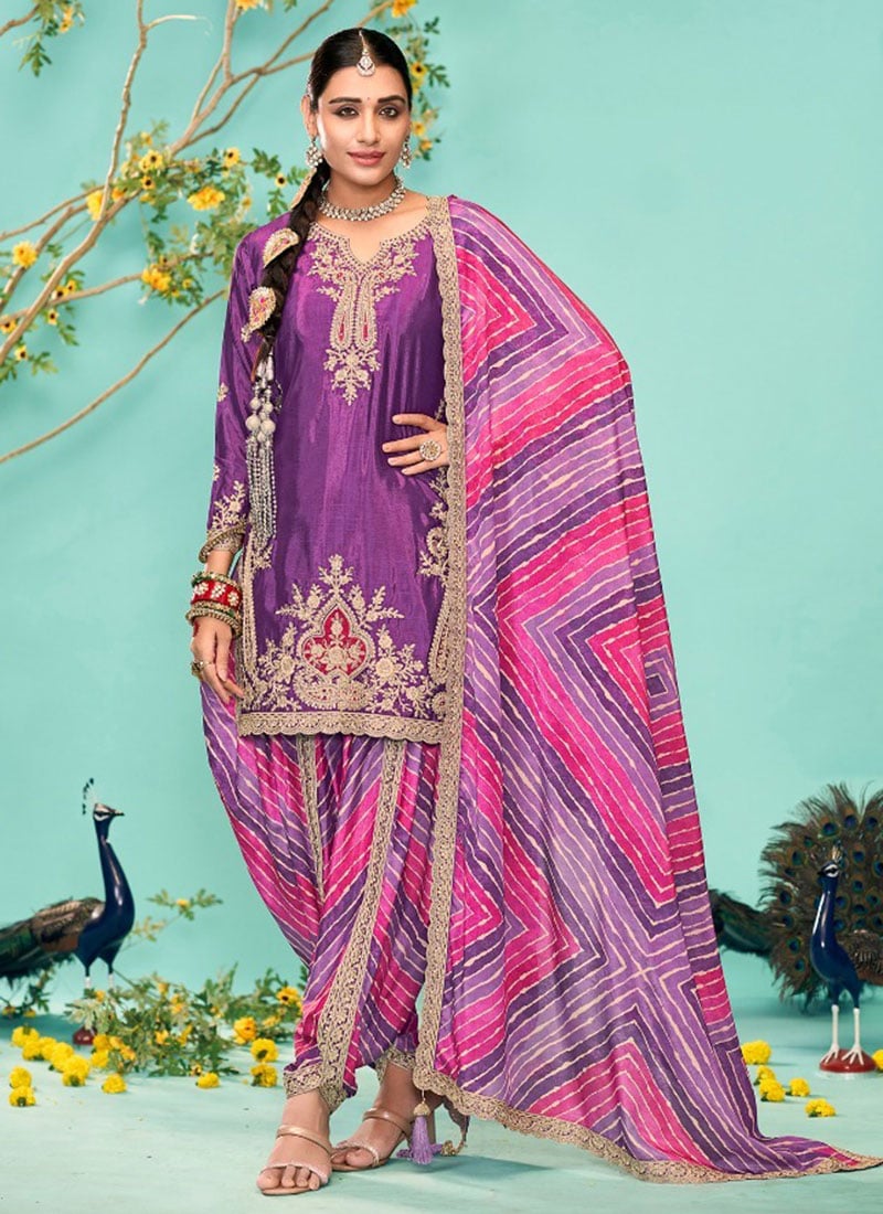 Purple Chinon Zari Embroidered Sequins Dhoti Salwar Suit Festive Wear