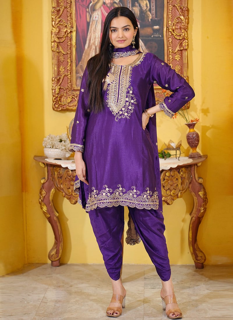 Purple Chinon Zari Embroidered Sequins Dhoti Suit Festive Wear