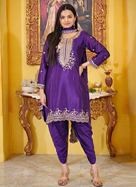 Purple Chinon Zari Embroidered Sequins Dhoti Suit