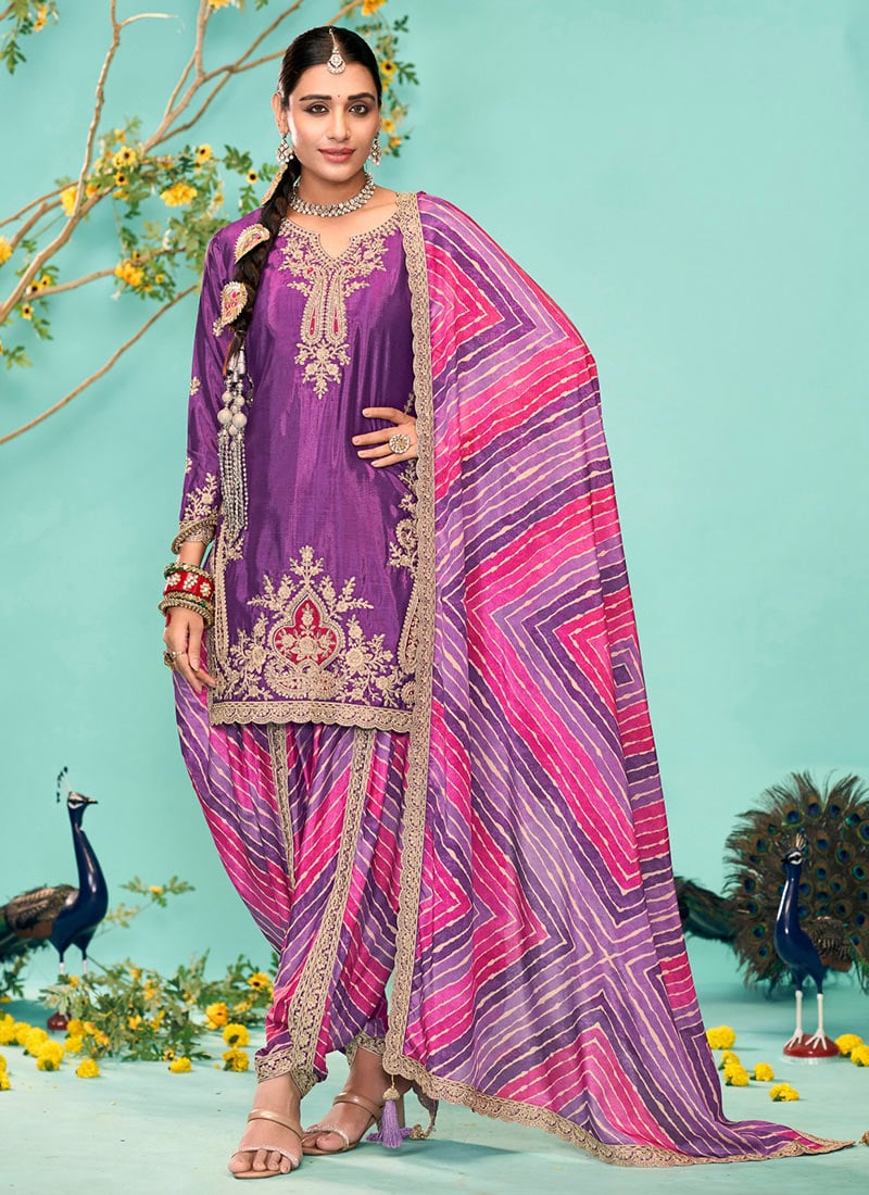 Purple Chinon Zari Embroidered Sequins Dhoti Suit With Digital Leheriya Festive Wear