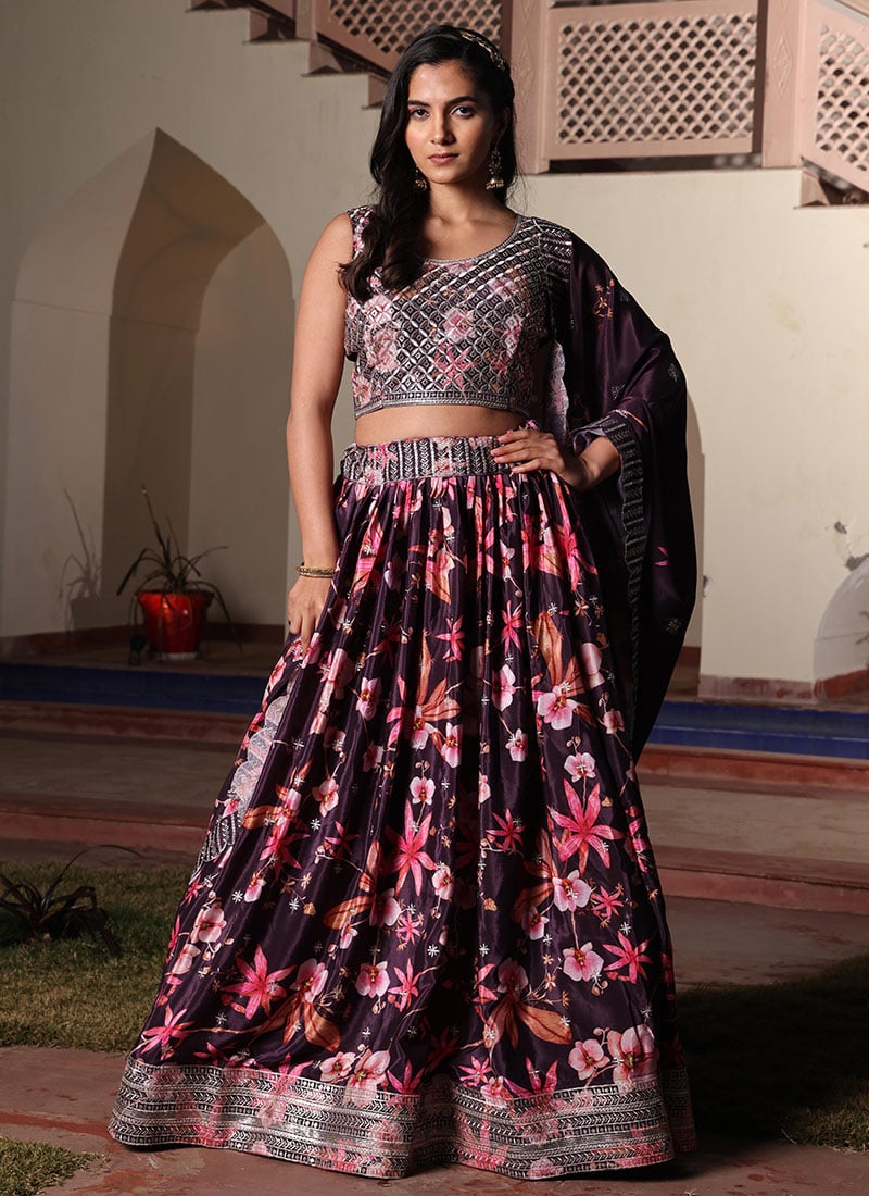 Purple Chinon Zari Embroidered Sequins Digital Print Lehenga
