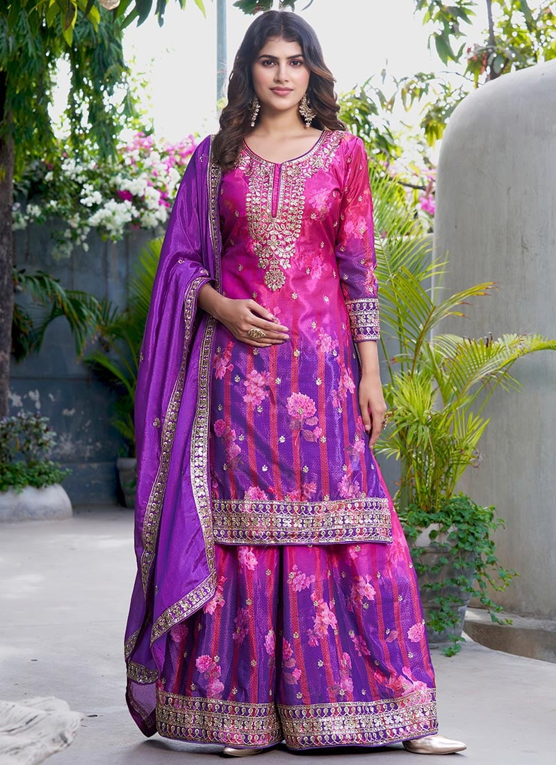 Purple Chinon Zari Embroidered Sequins Digital Print Palazzo Suit Festive Wear