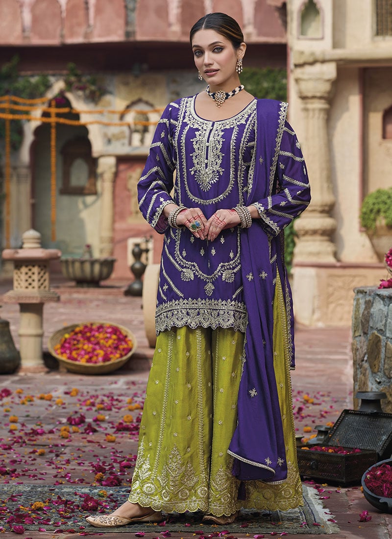 Purple Chinon Zari Embroidered Sequins Pakistani Palazzo Suit Festive Wear