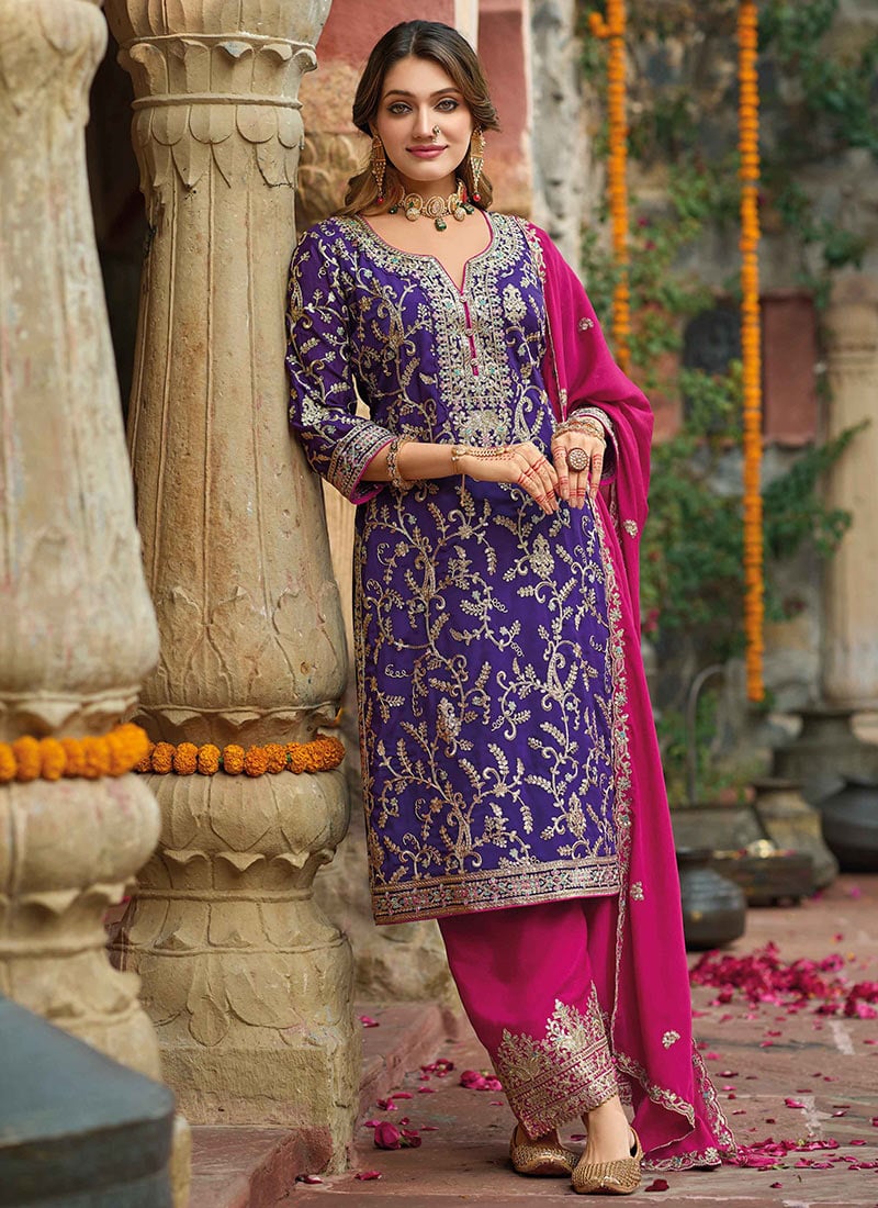 Purple Chinon Zari Embroidered Sequins Pakistani Straight Pant Suit