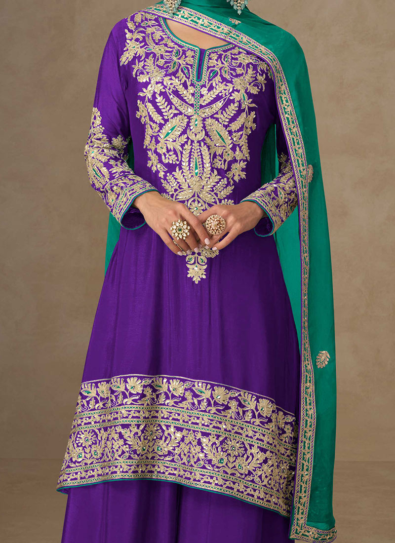 Purple Designer Semi-Stitched Palazzo Suit With Embroidery Sequins Work main image 0