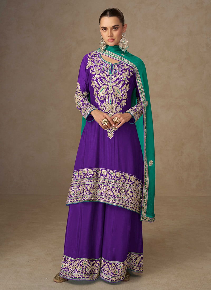 Purple Chinon Zari Embroidered Sequins Palazzo Suit Festive Wear