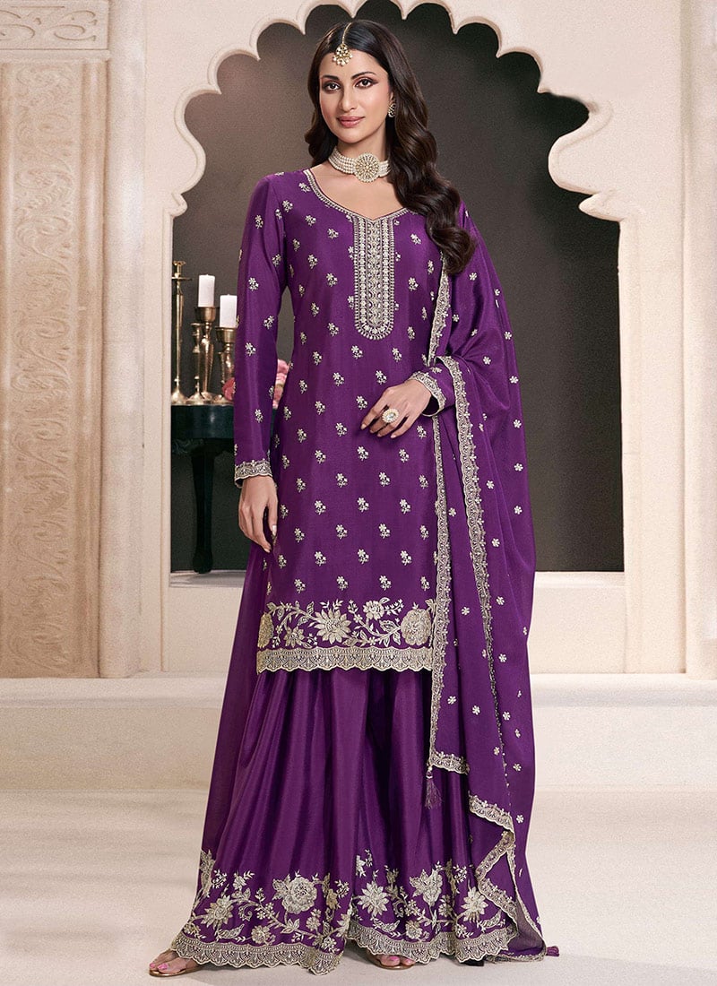 Purple Chinon Zari Embroidered Sequins Palazzo Suit Festive Wear