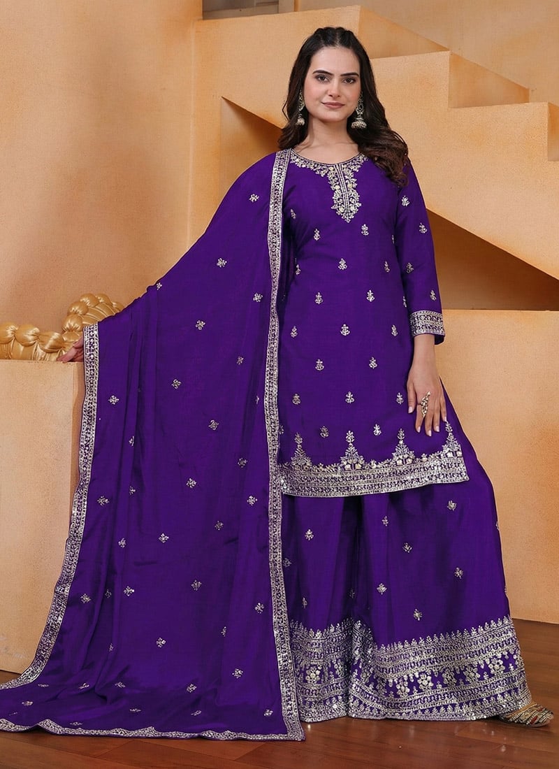 Purple Chinon Zari Embroidered Sequins Palazzo Suit Festive Wear