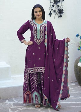 Purple Chinon Zari Embroidered Sequins Palazzo Suit