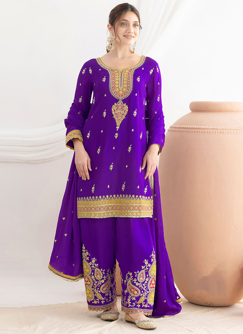 Purple Chinon Zari Embroidered Sequins Stones Work Palazzo Suit Festive Wear