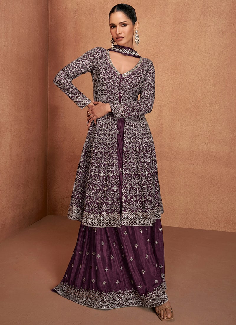 Purple Chinon Zari Sequins Embroidered Anarkali Suit Festive Wear