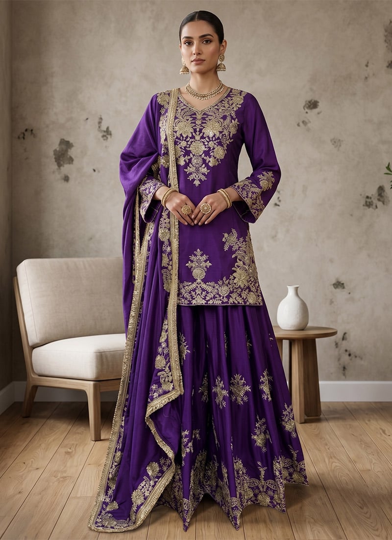 Purple Chinon Zari Sequins Embroidered Palazzo Suit Festive Wear
