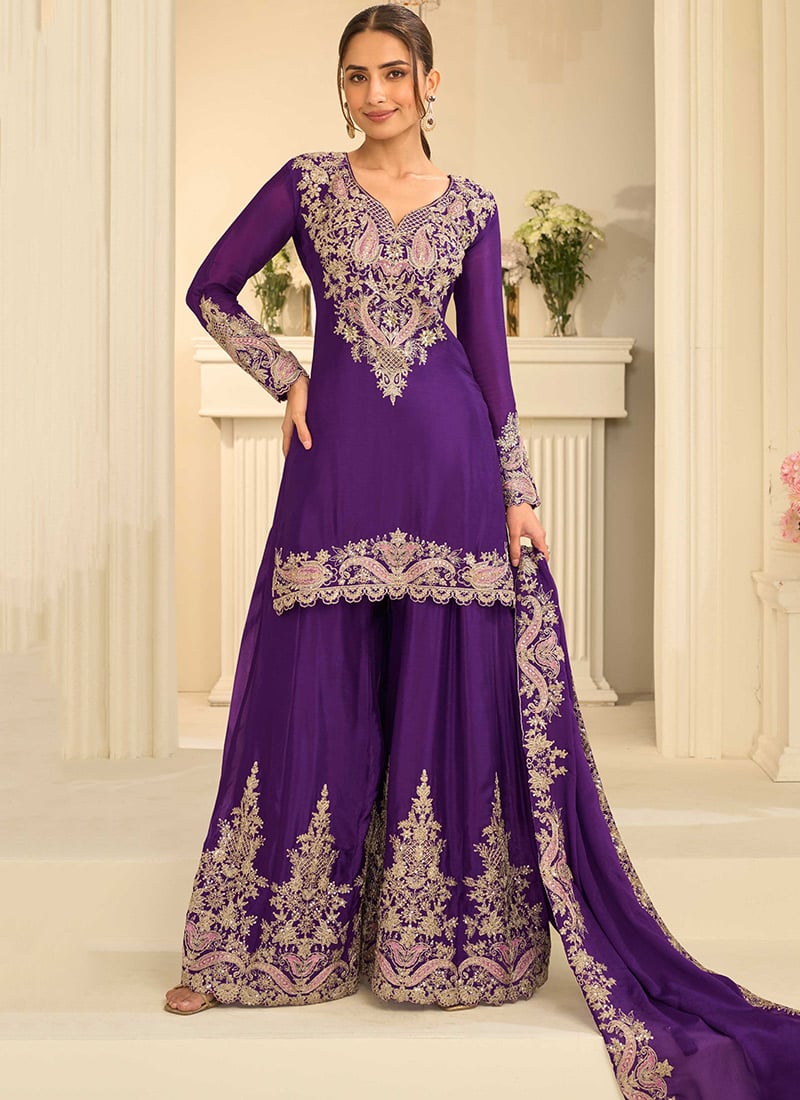 Purple Chinon Zari Sequins Palazzo Suit Festive Wear