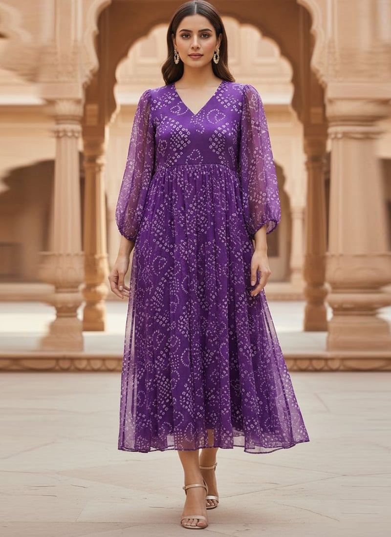 Purple Cotton Bandhini Print Fit And Flare Dress After Six Wear