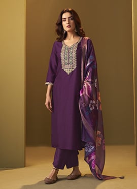 Purple Cotton Blend Embroidered Straight Pant Suit