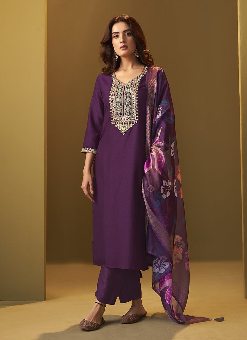 Purple Cotton Blend Embroidered Straight Pant Suit After Six Wear