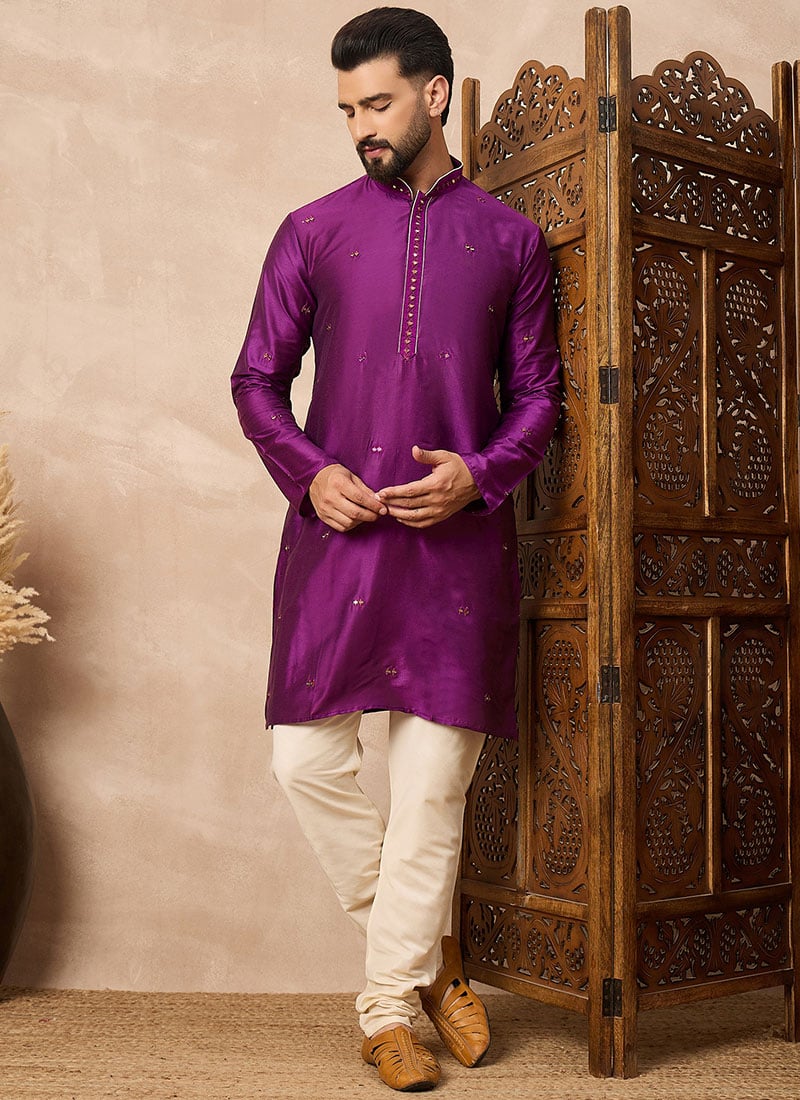 Purple Cotton Blend Mirror Work Kurta Pyjama Festive Wear