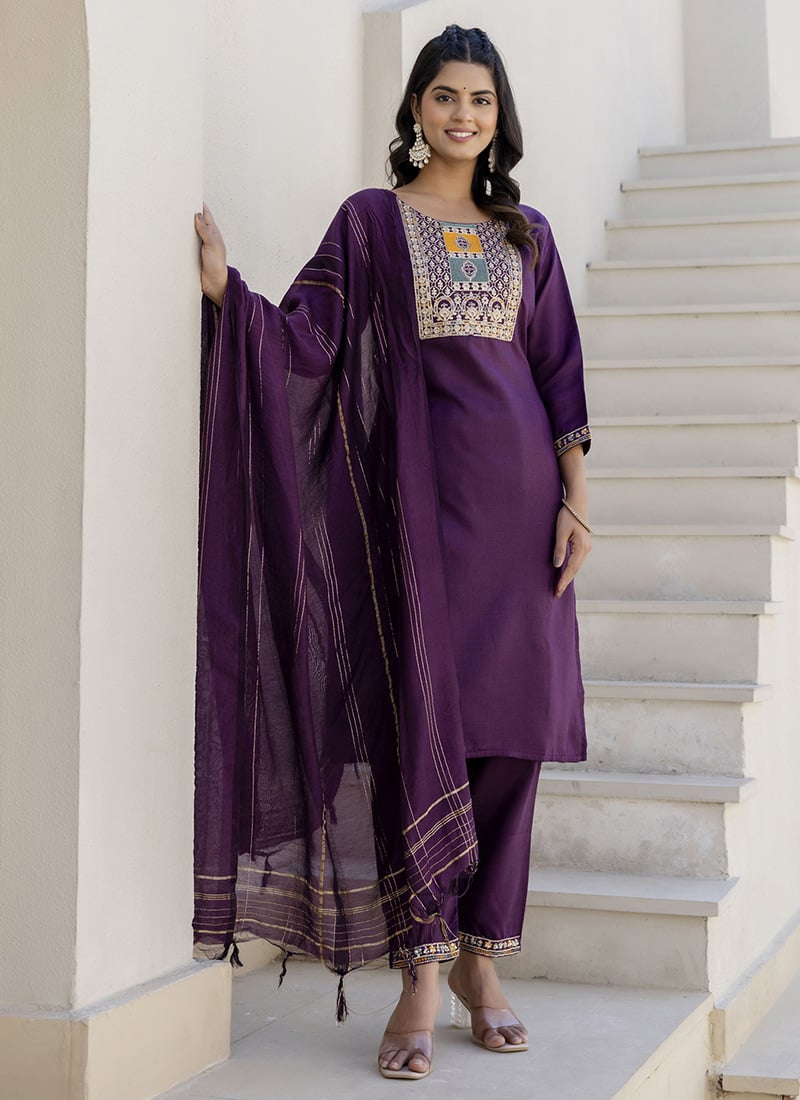 Purple Cotton Blend Straight Pant Suit With Embroidery