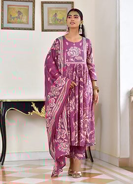 Purple Cotton Blend Zari And Foil Print Straight Pant Suit