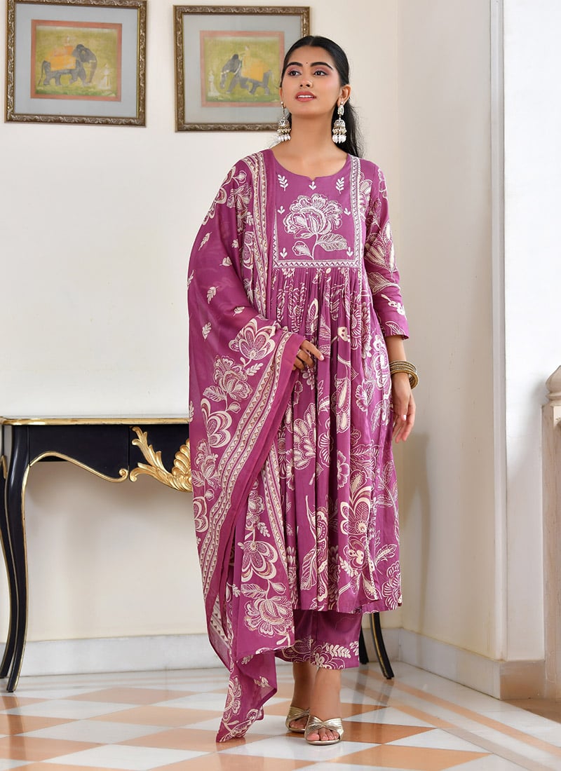 Purple Cotton Blend Zari And Foil Print Straight Pant Suit After Six Wear