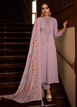 Purple Cotton Digital Print Embroidered Straight Pant Suit