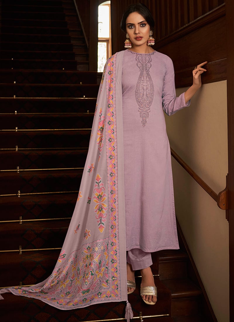 Purple Cotton Digital Print Embroidered Straight Pant Suit After Six Wear