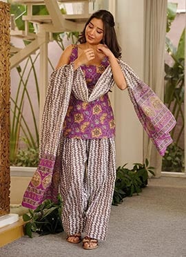 Purple Cotton Digital Print Farshi Salwar Suit