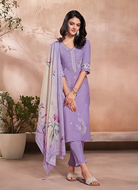 Purple Cotton Embroidered Digital Print Straight Pant Suit