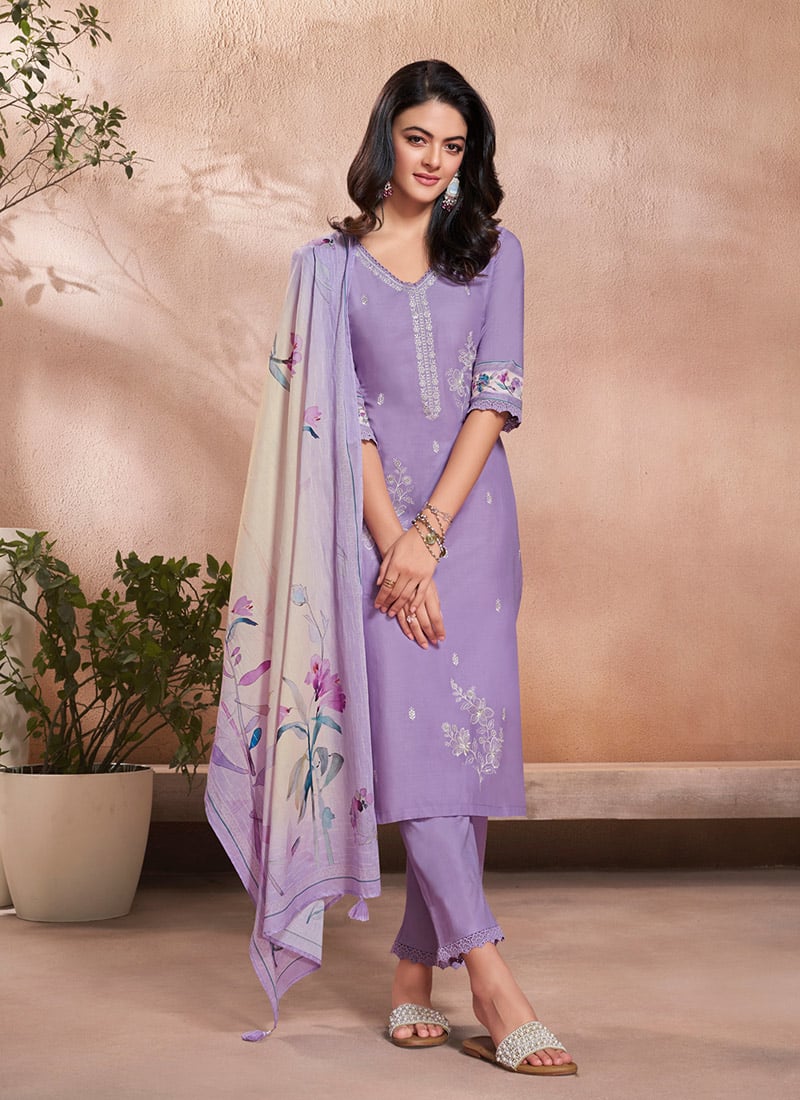 Purple Cotton Embroidered Digital Print Straight Pant Suit Festive Wear