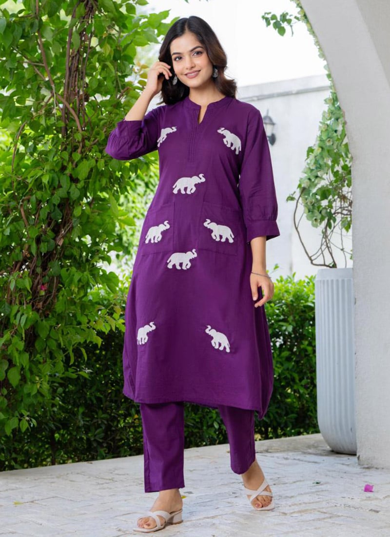 Purple Cotton Embroidered Kurta Straight Pant Set After Six Wear