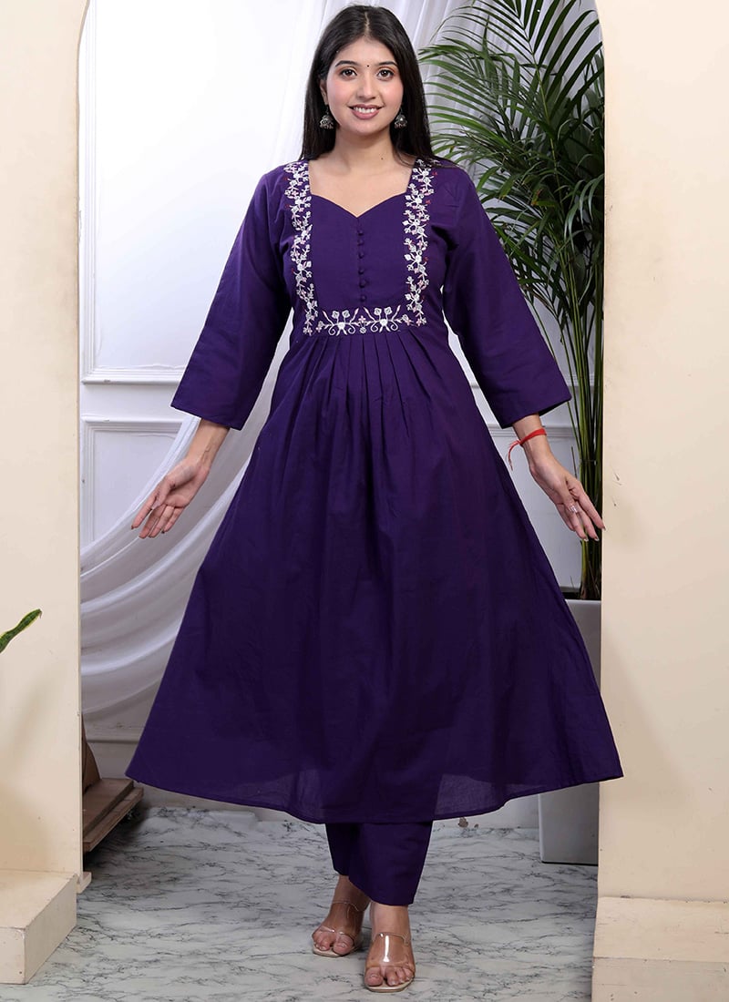 Purple Cotton Embroidered Kurta Straight Pant Set After Six Wear