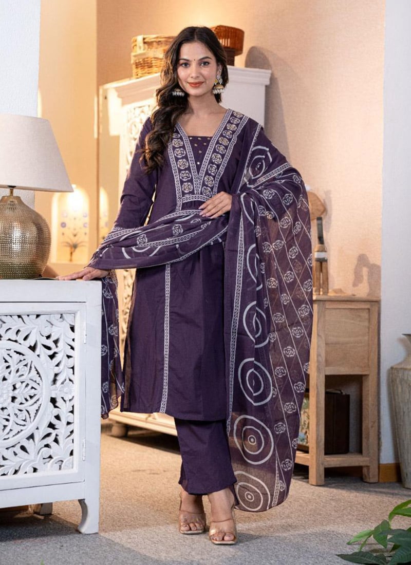 Purple Cotton Embroidered Printed Straight Pant Suit After Six Wear