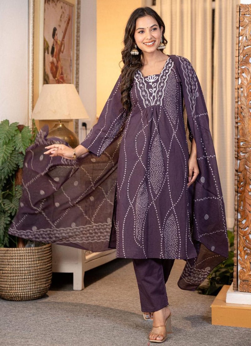 Purple Cotton Embroidered Printed Straight Pant Suit After Six Wear