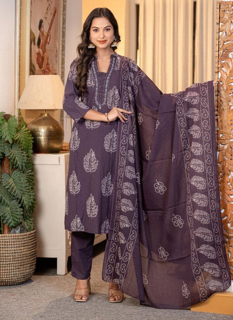 Purple Cotton Embroidered Printed Straight Pant Suit After Six Wear
