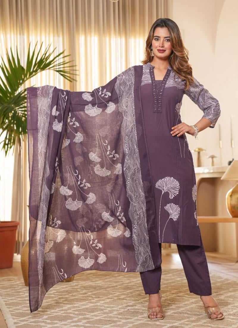 Purple Cotton Embroidered Printed Straight Pant Suit After Six Wear