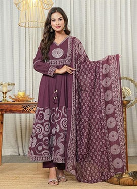 Purple Cotton Embroidered Printed Straight Pant Suit