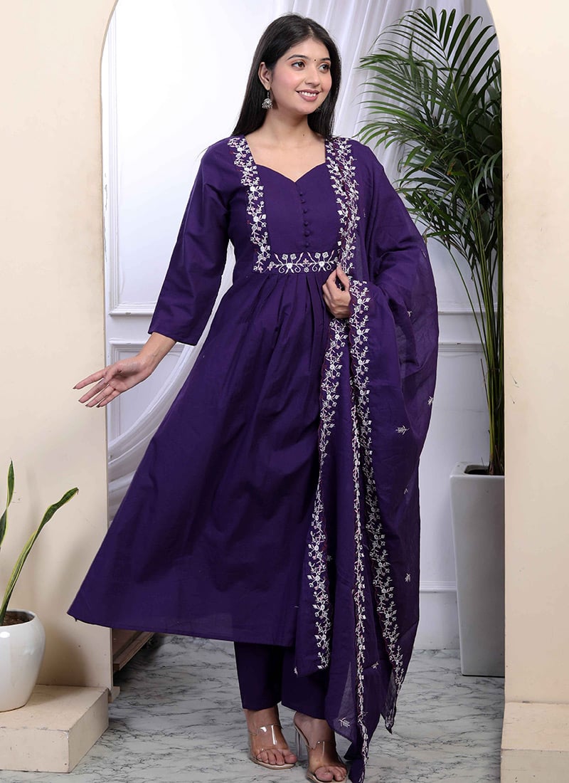 Purple Cotton Embroidered Straight Pant Suit After Six Wear