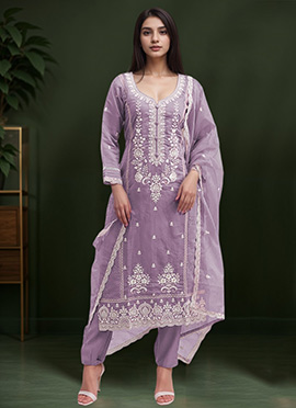 Purple Cotton Embroidered Straight Pant Suit