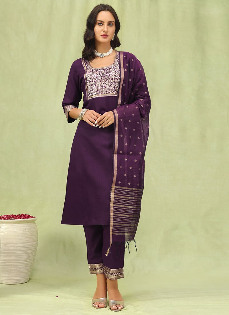 Purple Cotton Embroidered Straight Pant Suit Festive Wear
