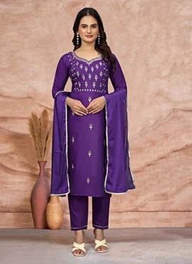 Purple Cotton Embroidered Straight Pant Suit