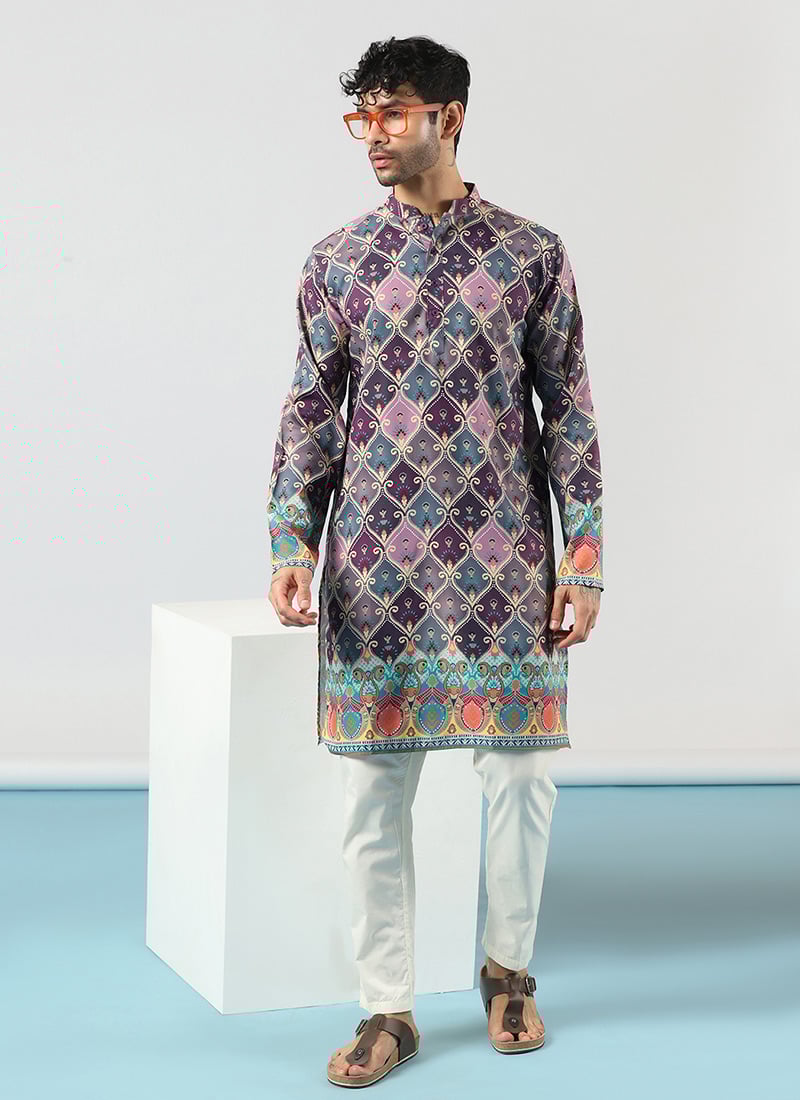 Purple Cotton Ethnic Motif Kurta Pyjama For Men Festive Wear
