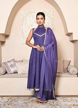 Purple Cotton Gota Work Anarkali Suit