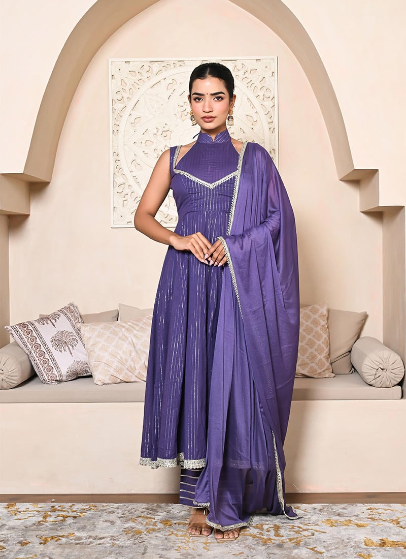 Purple Cotton Gota Work Anarkali Suit Festive Wear