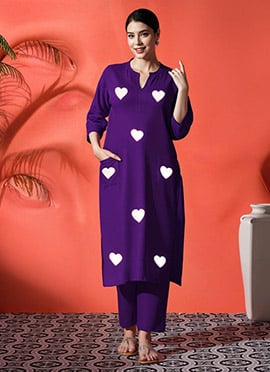 Purple Cotton Heart Print Kurta Straight Pant Set